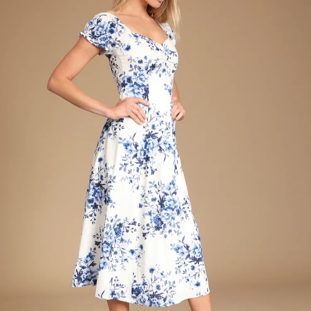Beautiful Days White Floral Print Puff Sleeve Midi Dress